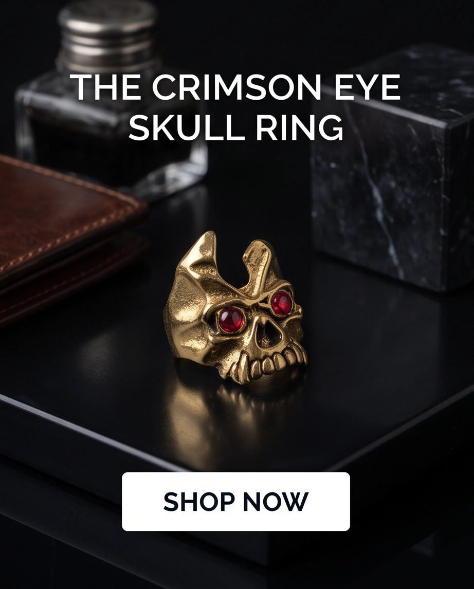 Ruby-Eyed Gothic Horned Skull Gold Ring