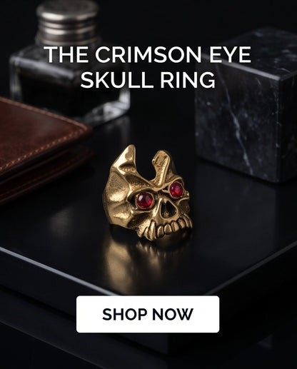 Ruby-Eyed Gothic Horned Skull Gold Ring