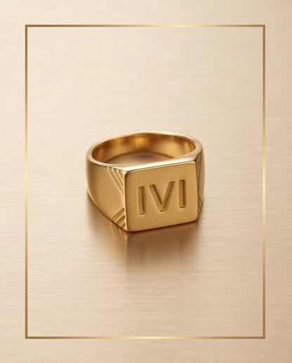 Roman Numeral Engraved Gold Signet Ring