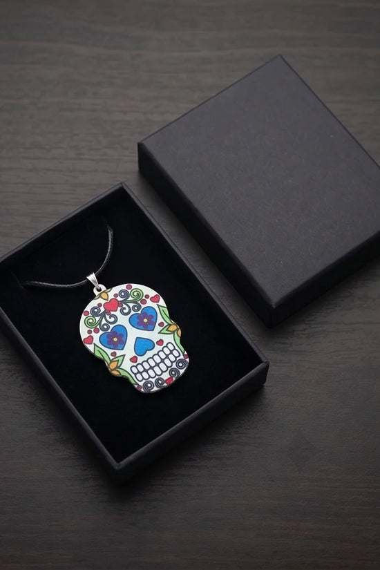 Vibrant White Sugar Skull Día de los Muertos Pendant Necklace