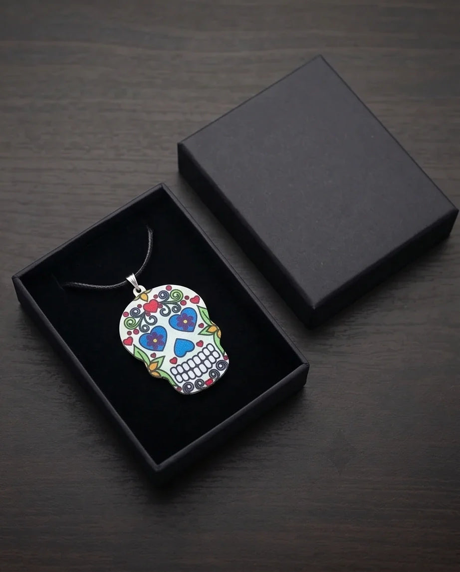 Vibrant White Sugar Skull Día de los Muertos Pendant Necklace