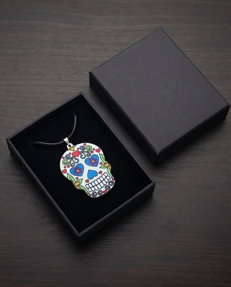 Vibrant White Sugar Skull Día de los Muertos Pendant Necklace