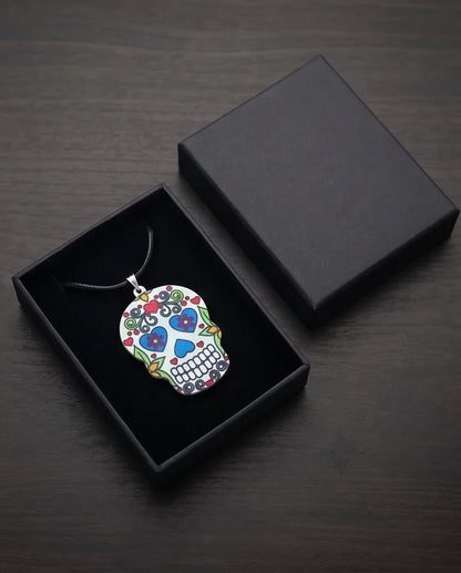 Vibrant White Sugar Skull Día de los Muertos Pendant Necklace