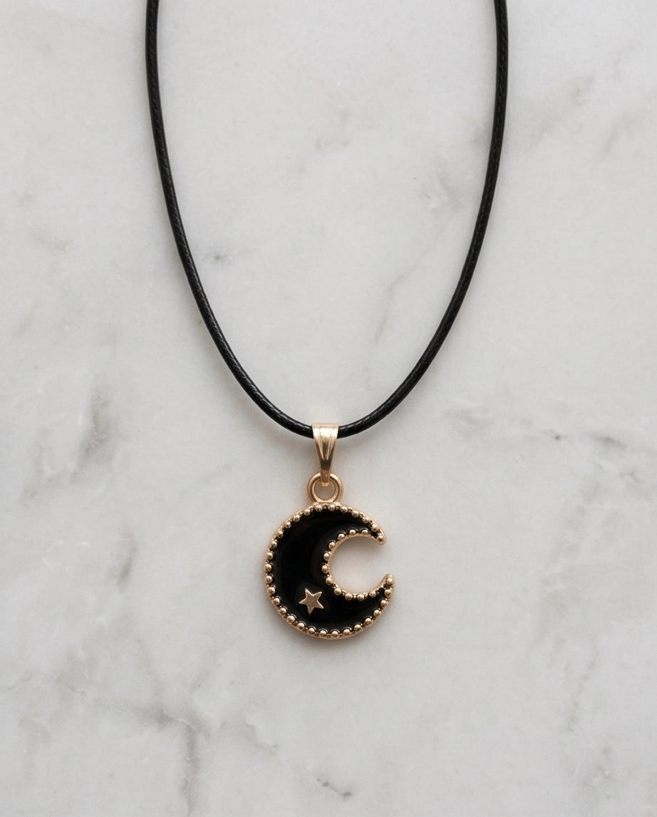 Gold Beaded Crescent Moon and Star Necklace