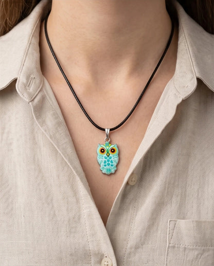 Vibrant Mint Blue Owl Totem Pendant Necklace