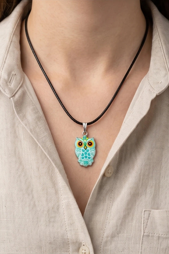 Vibrant Mint Blue Owl Totem Pendant Necklace