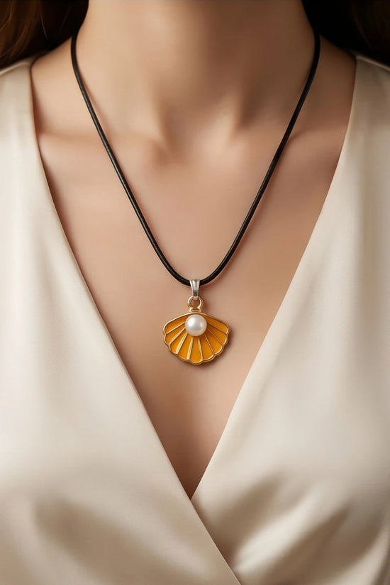 Golden Yellow Seashell Enamel Pendant Necklace with Faux Pearl