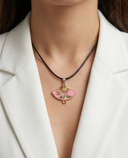 Pink Enamel Bamboo Fan Pendant Necklace