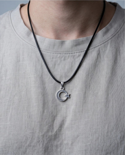 The Celestial Path: Matte Silver Crescent Moon & Star Pendant Necklace