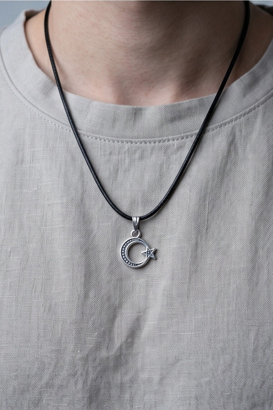 The Celestial Path: Matte Silver Crescent Moon & Star Pendant Necklace
