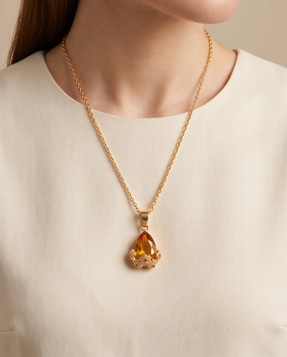 Gold Amber Teardrop Floral Basket Pendant Necklace