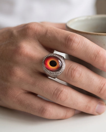 Crimson Evil Eye Beaded Silver Ring
