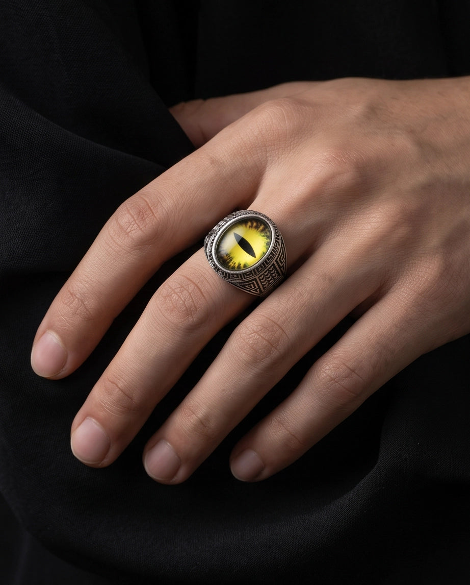 Golden-Yellow Slit-Pupil Dragon-Eye Greek Key Silver Ring