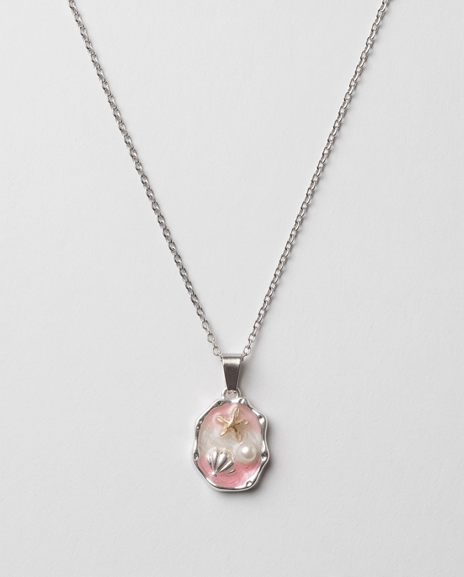 Silver Pink Seashell Starfish Pearl Enamel Medallion Chain Necklace