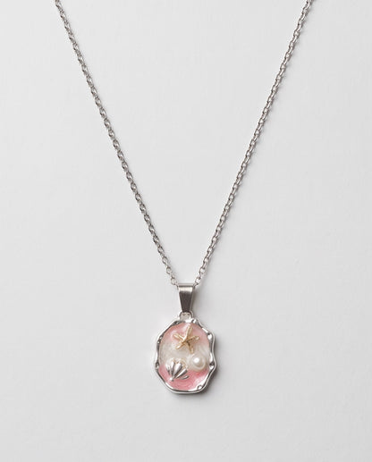 Silver Pink Seashell Starfish Pearl Enamel Medallion Chain Necklace