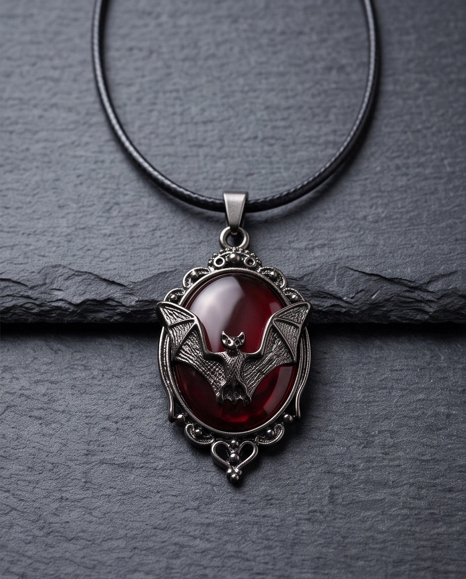 Antique Silver Gothic Bat Dark Red Enamel Medallion Chain Necklace