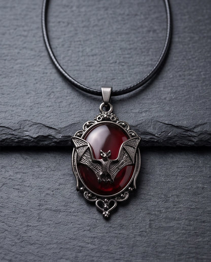 Antique Silver Gothic Bat Dark Red Enamel Medallion Chain Necklace