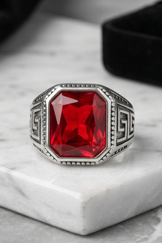 Vintage Greek Key Ruby Red Gemstone Ring