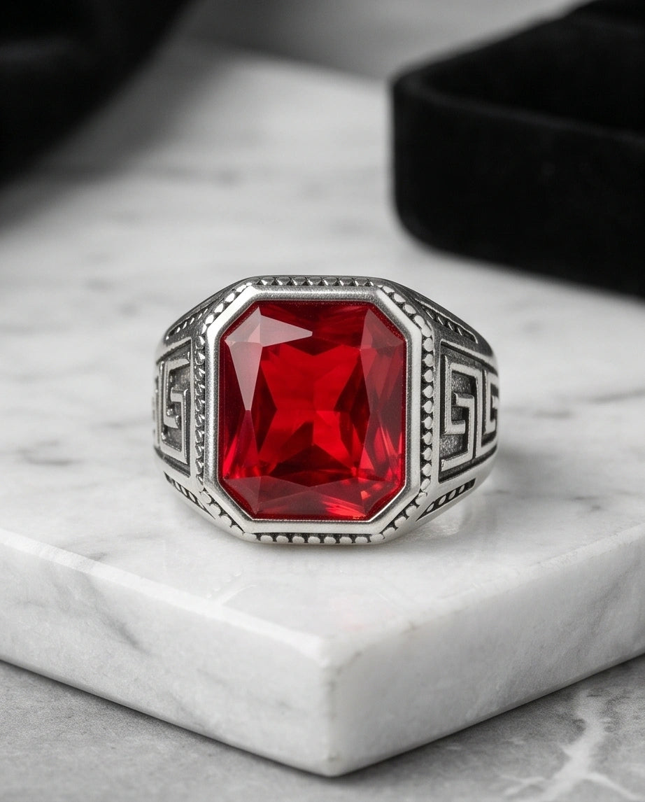 Vintage Greek Key Ruby Red Gemstone Ring