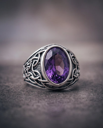 Amethyst Purple Oval-Cut Gemstone Celtic Knot Silver Ring
