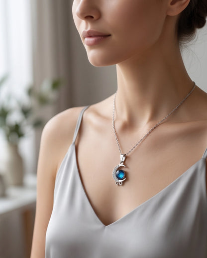 Silver Crystal Crescent Moon & Cosmic Blue Stone Pendant Necklace