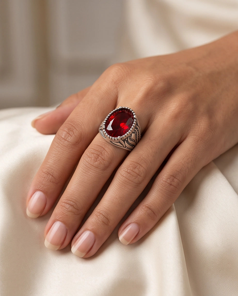 Garnet Gemstone Beaded Frame Flame Silver Ring