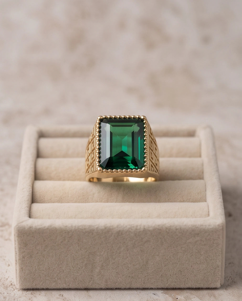 Emerald Cut Beaded-Rim Greek Key Gold Ring