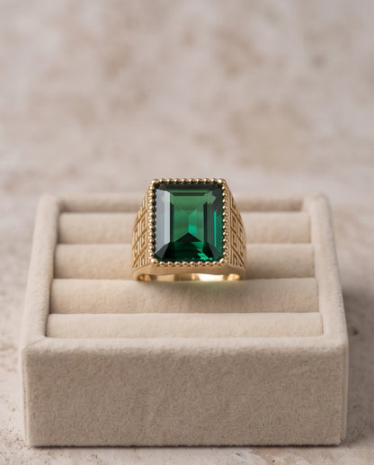 Emerald Cut Beaded-Rim Greek Key Gold Ring
