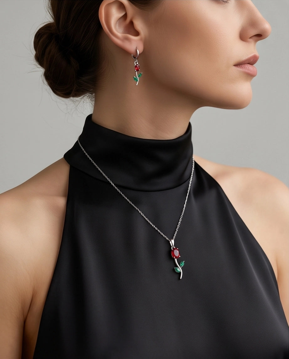Silver Crystal Rose Necklace Set