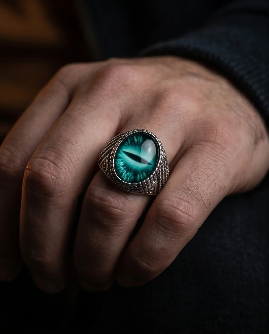 Vintage Sterling Silver Serpent Scale Deep Teal Eye Ring