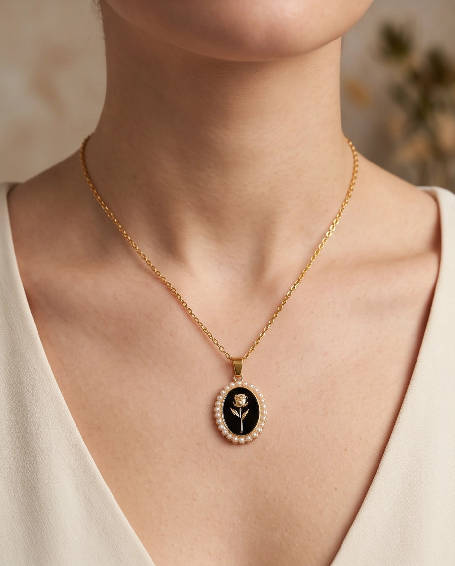 Gold Pearl Frame Black Enamel Rose Oval Pendant Necklace
