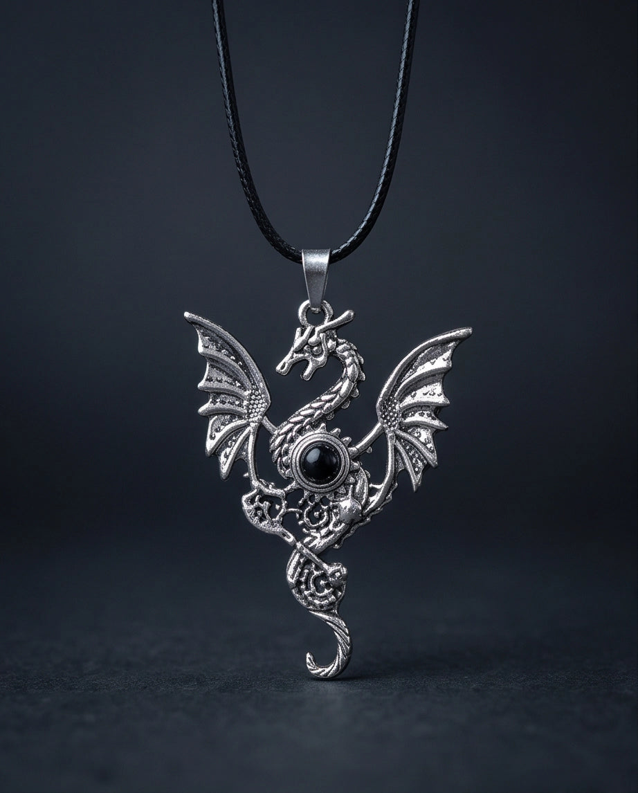 Silver Black Gemstone Dragon Pendant Necklace