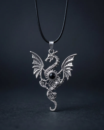 Silver Black Gemstone Dragon Pendant Necklace