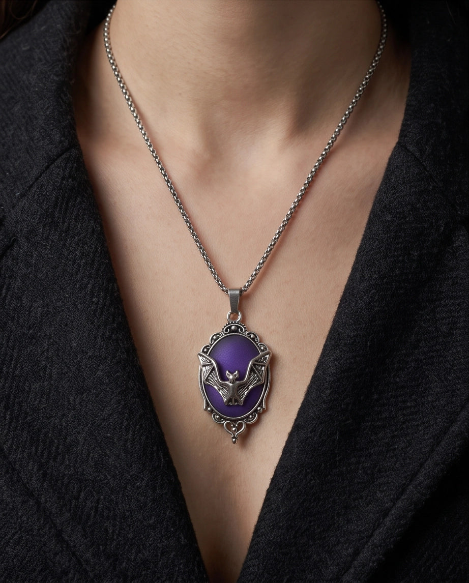 Silver Gothic Bat Purple Enamel Medallion Chain Necklace