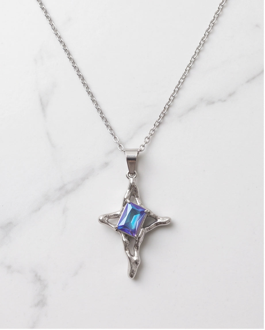 Silver Blue-Purple Gemstone Gothic Cross Pendant Necklace