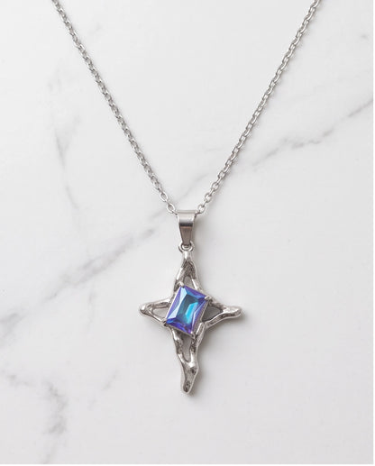 Silver Blue-Purple Gemstone Gothic Cross Pendant Necklace