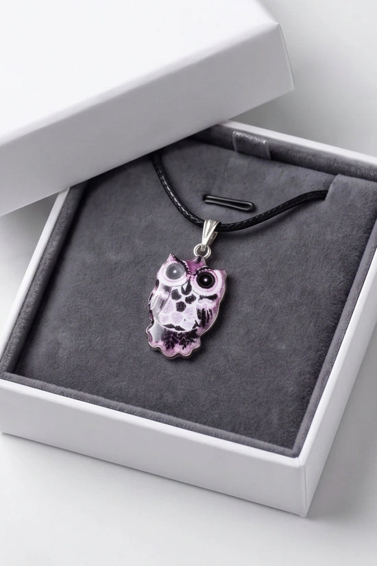 Mystical Purple Watercolor Owl Totem Pendant Necklace
