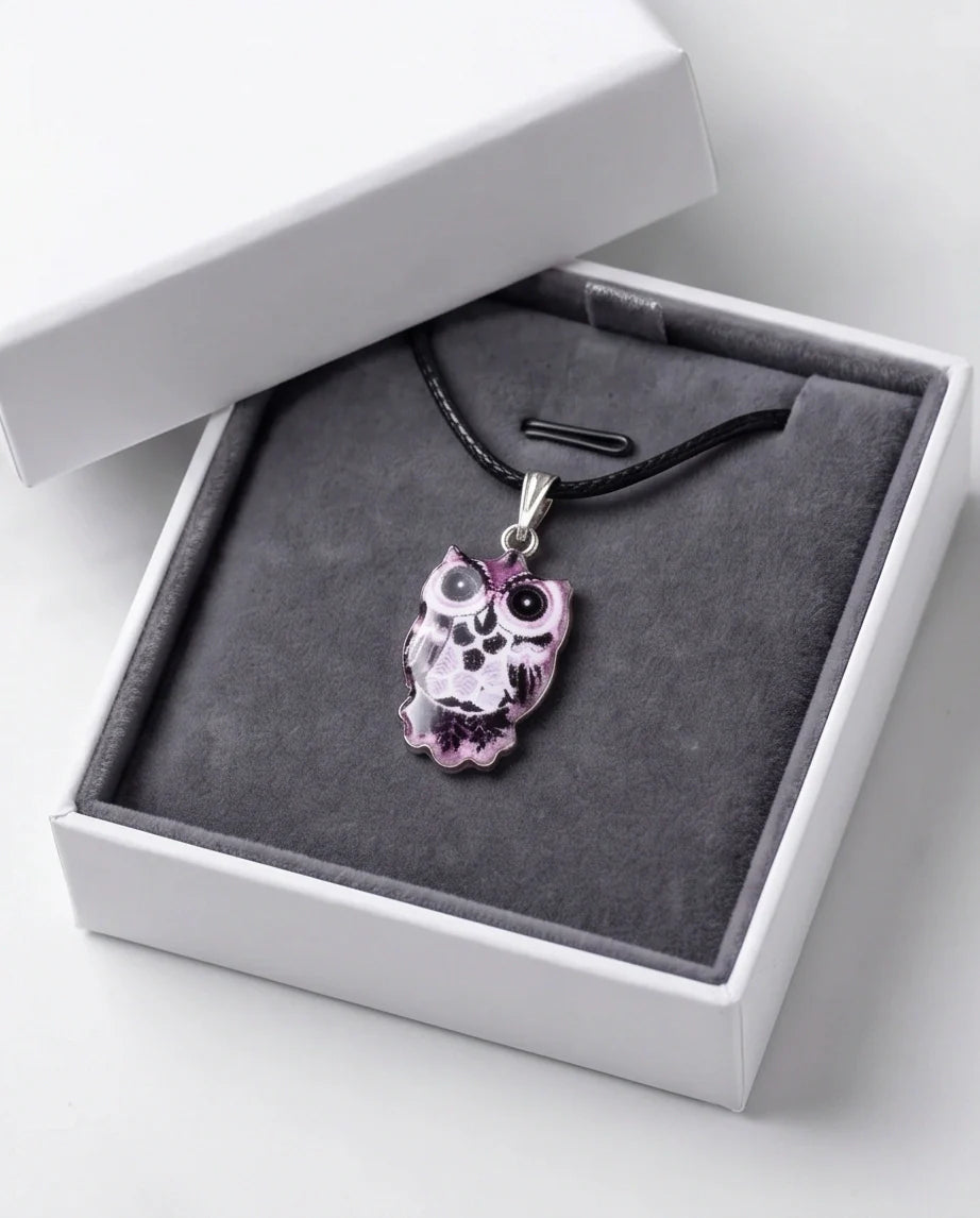 Mystical Purple Watercolor Owl Totem Pendant Necklace