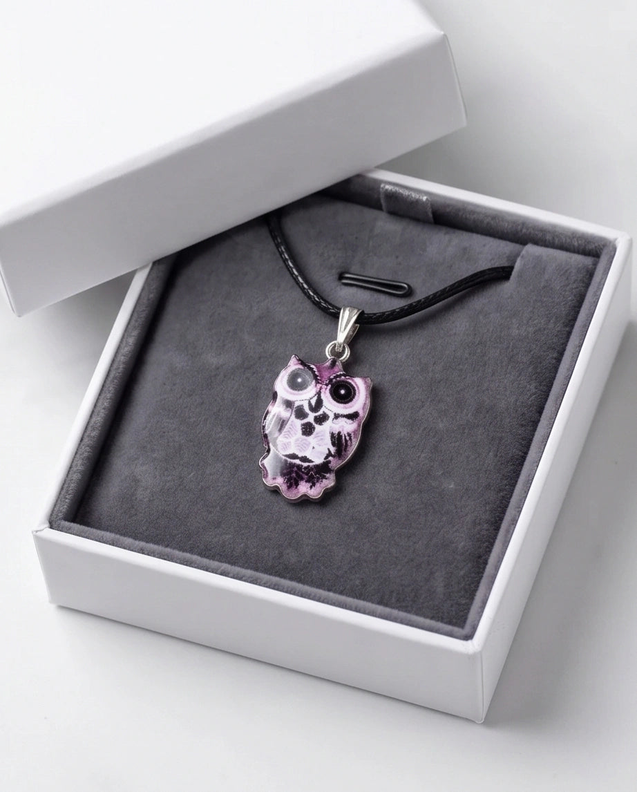 Mystical Purple Watercolor Owl Totem Pendant Necklace