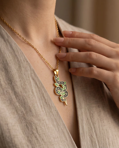 Gold Botanical Snake Enamel Pendant Necklace