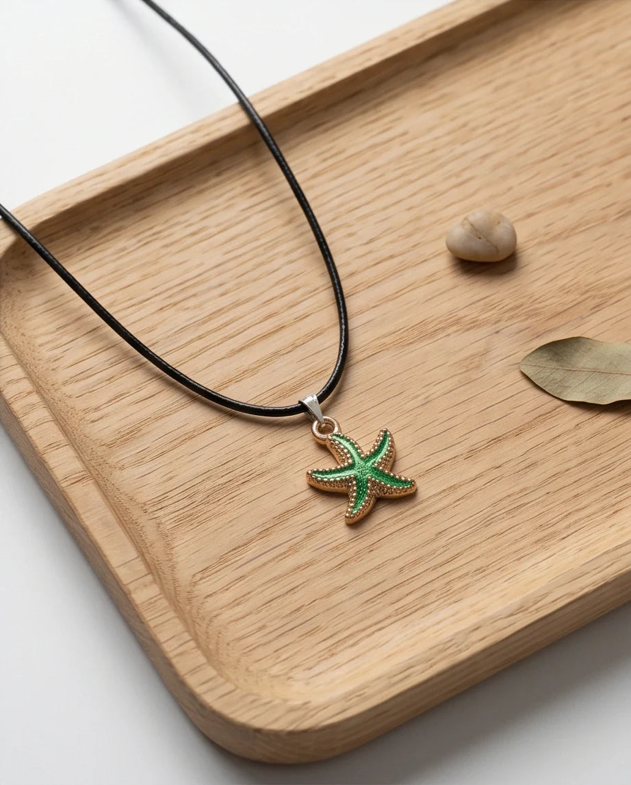 Gold and Textured Green Starfish Necklace