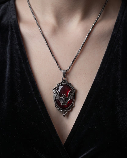 Antique Silver Gothic Bat Dark Red Enamel Medallion Chain Necklace
