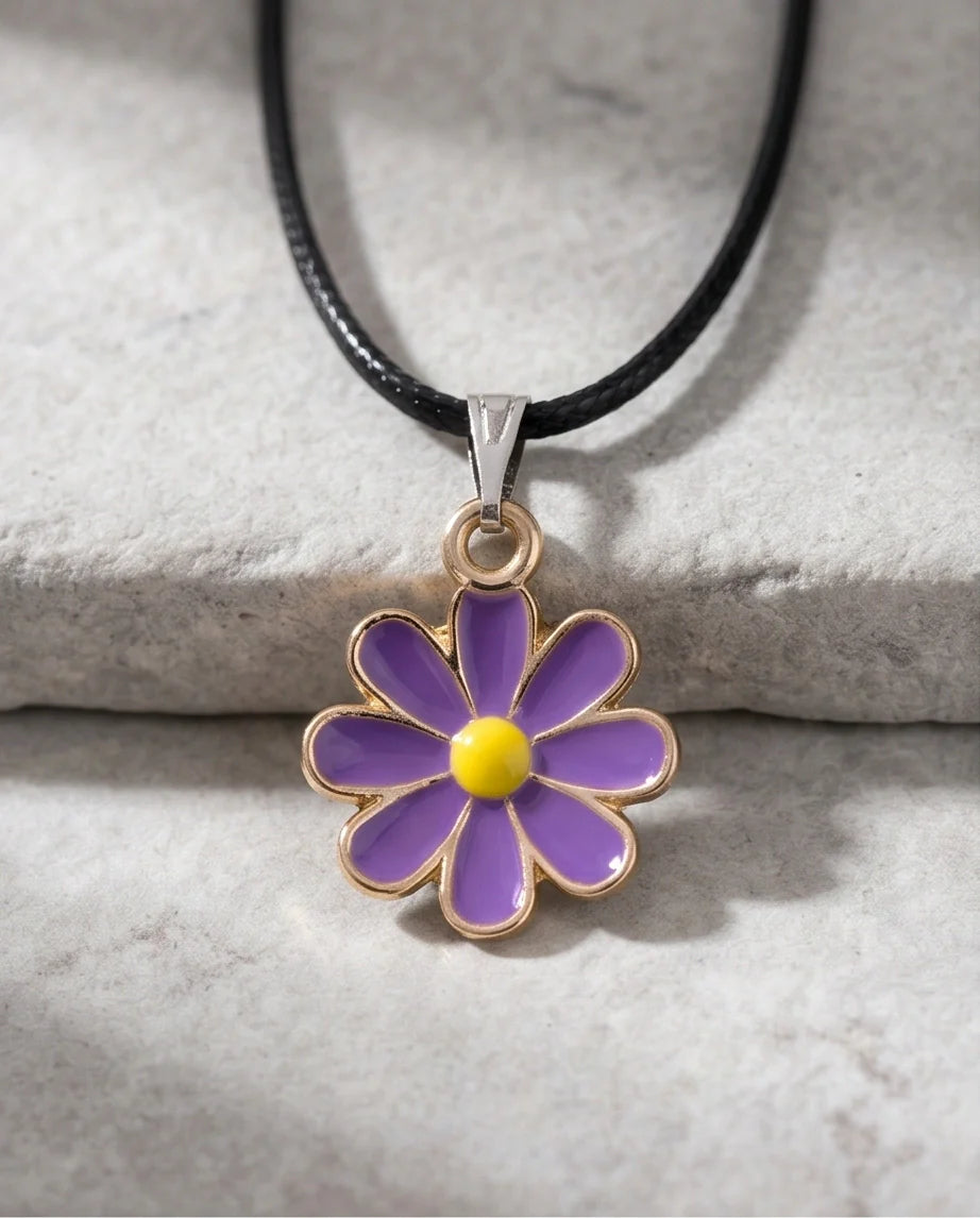 Vibrant Purple Daisy Enamel Pendant Necklace