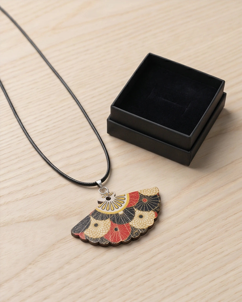 Vintage Geometric Kimono Hand-Fan Pendant Necklace