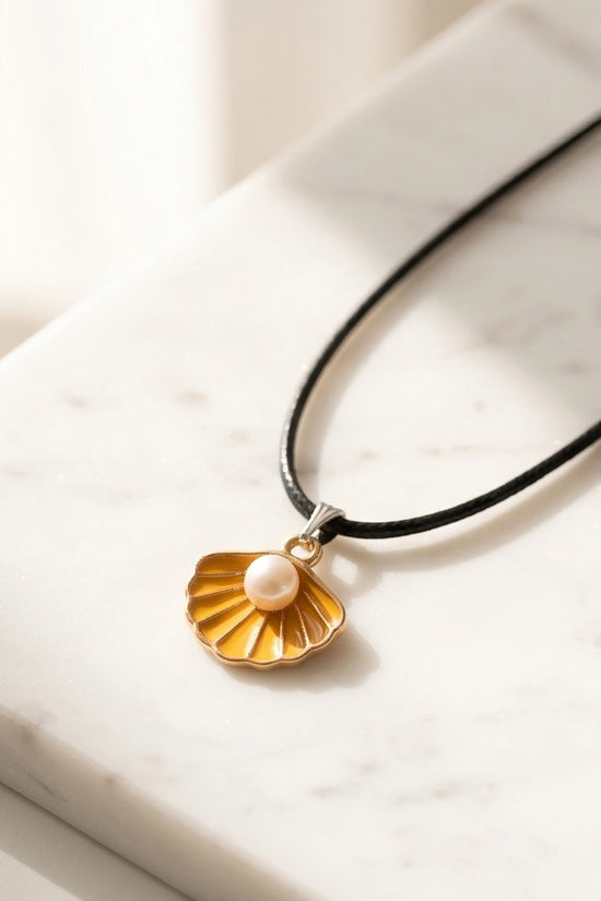 Golden Yellow Seashell Enamel Pendant Necklace with Faux Pearl