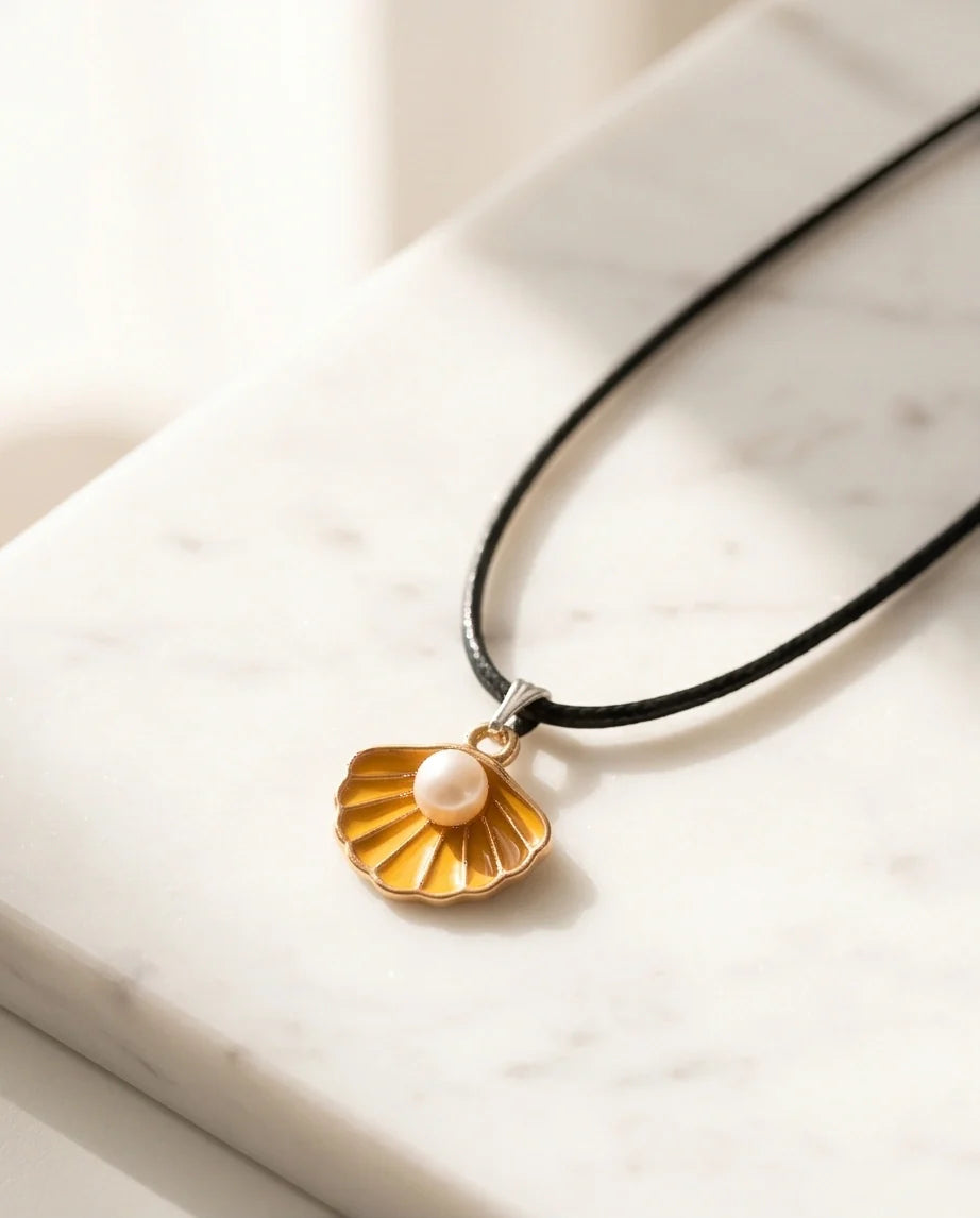 Golden Yellow Seashell Enamel Pendant Necklace with Faux Pearl