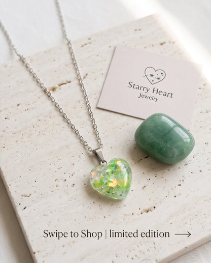 Silver Lime Green Glitter Heart Resin Pendant Necklace
