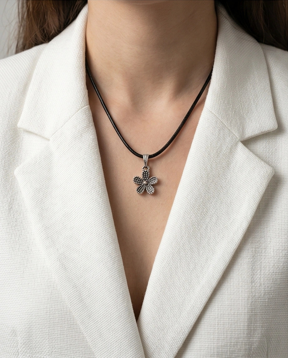Silver Beaded Textured Flower Necklace