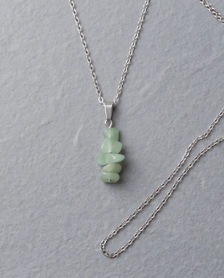 Silver Stacked Raw Green Aventurine Chip Stone Pendant Necklace