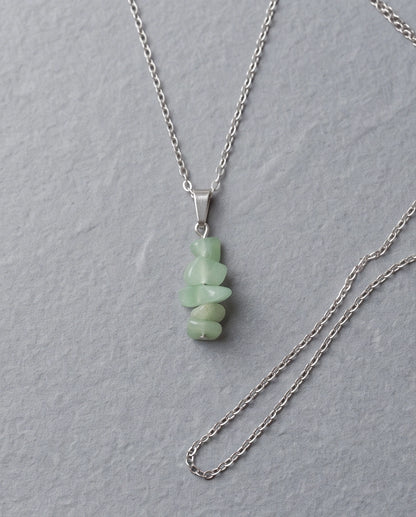 Silver Stacked Raw Green Aventurine Chip Stone Pendant Necklace